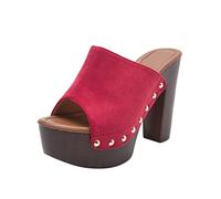 Ladies Comfy Ankle Strap Block Heel Sandals Fashion Spring And Summer Women Sandals Thick Chunky Heel Super High Mouth Solid Color Sexy Glitter Sliders Womens Slippers Size 5 UK Adult (Red,6)