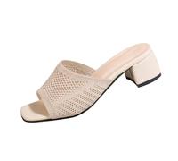 Ladies Comfy Ankle Strap Block Heel Shoes Square Toe Open Toe Breathable Flying Woven High Heel Slippers Black Sandal Heels Walking Sandals Ladies Size 4 (Beige,7)