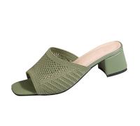 Ladies Comfy Ankle Strap Block Heel Shoes Square Toe Open Toe Breathable Flying Woven High Heel Slippers Black Sandal Heels Walking Sandals Ladies Size 4 (Green,5.5)