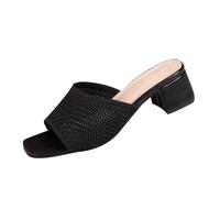 Ladies Comfy Ankle Strap Block Heel Shoes Square Toe Open Toe Breathable Flying Woven High Heel Slippers Black Sandal Heels Walking Sandals Ladies Size 4 (Black,5.5)