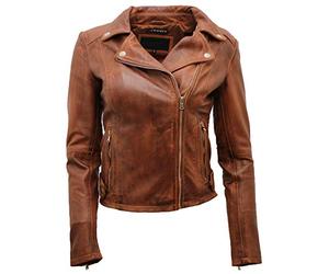 Ladies Coniac Tan Vintage Brando 100% Leather Biker Jacket 10