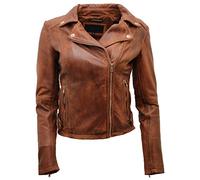 Ladies Coniac Tan Vintage Brando 100% Leather Biker Jacket 8