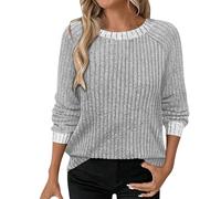 Ladies Corduroy Jumpers Causal Long Sleeve Ribbed Knit Pullover Tops Crew Neck Color Block Sweater Womens Knitted Jumpers Elegant Sweaters Lightweight Microfleece Blouses Fashion Knitwear S-XXL Grey