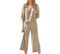 Ladies Cotton Linen 2 Piece Tracksuit Short Puff Sleeve Tops Breathable Loungewear Gym Playsuits Pajama Wide Leg Capri Pants High Waist Trouser Crop Workout Relaxed Loose Casual Set UK Sale Clearance