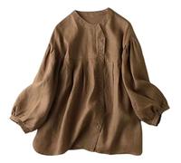 Ladies Cotton Linen Blouses Sale, Balloon Sleeves Simple Design Spring Casual Tops Womens Fashion Solid Color Tops Button Down Shirts Loose Fit Long Sleeve Shirts Womens T Shirt Plus Size M-3XL Khaki