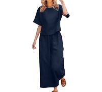 Ladies Cotton Linen Co-ord Set, Relaxed Short Sleeve Gauze Top and Wide Leg Trousers, Comfortable Casual Wear, Versatile Garment for Daily Looks Through Warm Months(1B-Dark Blue, L)