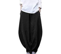 Ladies Cotton Linen Pants Clearance Elastic Waist Relax Fit Hippie Gypsy Harem Pant Summer Fall Drop Crotch Wide Leg Sweatpants Loose Straight Pants Trouser Yoga Pants Baggy Lounge Joggers Black