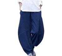Ladies Cotton Linen Pants Clearance Elastic Waist Relax Fit Hippie Gypsy Harem Pant Summer Fall Drop Crotch Wide Leg Sweatpants Loose Straight Pants Trouser Yoga Pants Baggy Lounge (Navy, XXL)