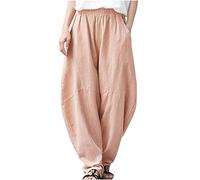 Ladies Cotton Linen Pants Clearance Elastic Waist Relax Fit Hippie Gypsy Harem Pant Summer Fall Drop Crotch Wide Leg Sweatpants Loose Straight Pants Trouser Yoga Pants Baggy Lounge Joggers Orange