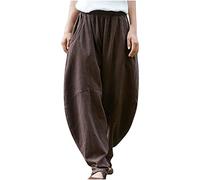 Ladies Cotton Linen Pants Clearance Elastic Waist Relax Fit Hippie Gypsy Harem Pant Summer Fall Drop Crotch Wide Leg Sweatpants Loose Straight Pants Trouser Yoga Pants Baggy Lounge Joggers Brown