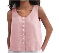 Ladies Cotton Linen Tank Tops Solid Summer Sleeveless Tshirt Button Down Dressy Casual Vest Round-Neck Loose Tanks Comfy Gauze Shirt Plain Basic Tops Waistcoat Lightweight Jacket Cardigan Pink