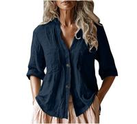Ladies Cotton Shirts Womens Blouse Linen Summer Tops Short Sleeve Blouse Button Down Tee Shirts V Neck Elegant Baggy Solid Color Work Casual Ladies Tops Loose Basic Tunic T-Shirt (Navy, XL)