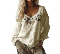 Ladies Cotton Tops Oversized Bohemian Embroidered Tops Fall Long Sleeve Vintage Loose Elegant Blouses Ladies Beach Leisure Hippie Clothes Retro Floral Pattern Tunics L, Beige Style#2