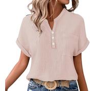 Ladies Cotton Tops Summer Cap Sleeve Tshirt Oversized Button Down V Neck Blouses Tees Solid Cotton Linen Loose Tunic Tops Ladies Lightweight Comfy Clothes My Orders UK 2024