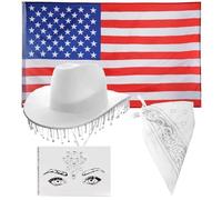 Ladies Cowboy Accessory Set - White Cowgirl Hat with Diamanté Fringe, American Flag, Face Gem Stickers and White Paisley Bandana - Adults Country Music Concert Fancy Dress Costume Accessory