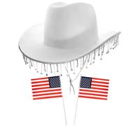Ladies Cowboy Accessory Set - White Cowgirl Hat with Diamanté Fringe and 2 Hand-Waving American Flags - Adults Country Music Concert Fancy Dress Costume Accessory