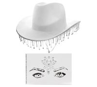Ladies Cowboy Accessory Set - White Cowgirl Hat with Diamanté Fringe and Face Rock Gem Stickers - Adults Country Music Concert Fancy Dress Costume Accessory