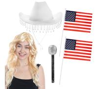 Ladies Cowboy Accessory Set - White Cowgirl Hat with Diamanté Fringe, Blonde Wig, 2 Hand-Waving American Flags, Microphone - Adults Country Music Concert Fancy Dress Costume Accessory