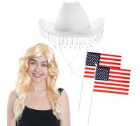 Ladies Cowboy Accessory Set - White Cowgirl Hat with Diamanté Fringe, Blonde Wig, 2 Hand-Waving American Flags - Adults Country Music Concert Fancy Dress Costume Accessory