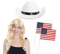 Ladies Cowboy Accessory Set - White Star-Studded Cowgirl Hat, Blonde Wig, 2 Hand-Waving American Flags - Adults Country Music Concert Fancy Dress Costume Accessory