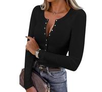 Ladies' Cozy Ribbed Tops, Slim Fit Button V Neck Long Sleeve T-Shirts, Breathable Fabric Blouses Womens Summer Lightweight Jumpers,Black,L