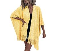 Ladies Crochet Open Knit Fringe Cape Shawls Wraps Sweater Cardigan Open Front Poncho Cape Large Scarf Wraps for Women UK Clearance #1_Yellow