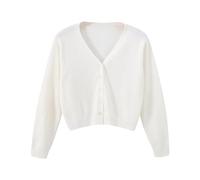 Ladies Cropped Cardigan Open Front V Neck Knitted Sweater Coat Long Sleeve Solid Color Outwear Loose Fit Lightweight Jumper Casual Fall Clothes White
