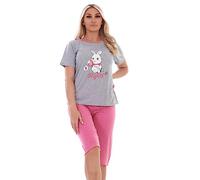 Ladies Cropped Pyjama Set Short Summer Polka Soft Motif Bunny PJs M to XXL Magenta