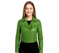 Ladies Cropped Short Body Gothic Top Apple Green Chic Biker Real Leather Jacket