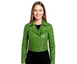 Ladies Cropped Short Body Gothic Top Apple Green Chic Biker Real Leather Jacket