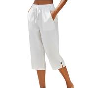 Ladies Cropped Trousers - Capri Pants for Women UK Petite Comfy Summer Three Quarter Length Trousers Stretchy Drawstring Waist Straight Leg Lounge Yoga Beach Capris Pants with Pockets White