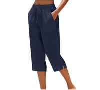 Ladies Cropped Trousers, Cotton Linen Capri Pants for Women UK Petite Comfy Summer Three Quarter Length Trousers Stretchy Drawstring Waist Straight Leg Lounge Yoga Beach Capris Pants with Pockets
