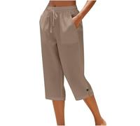 Ladies Cropped Trousers, Cotton Linen Capri Pants for Women UK Petite Comfy Summer Three Quarter Length Trousers Stretchy Drawstring Waist Straight Leg Lounge Yoga Beach Capris Pants with Pockets
