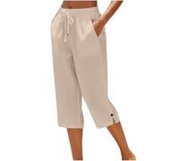 Ladies Cropped Trousers, Cotton Linen Capri Pants for Women UK Petite Comfy Summer Three Quarter Length Trousers Stretchy Drawstring Waist Straight Leg Lounge Yoga Beach Capris Pants with Pockets