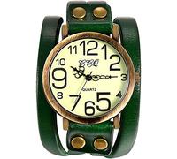 Ladies Cuff Bracelet Vintage Large Arabic Markers Multi Layers Leather Wrap Wrist Watch(Green)
