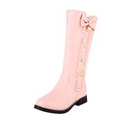 Ladies Cute Fashion Bow Solid Color Flat Round Toe Square Heel Middle Long Student Boots Plus Size Womens Boots Wide (Pink, 4.5)