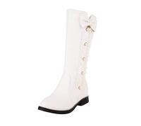 Ladies Cute Fashion Bow Solid Color Flat Round Toe Square Heel Middle Long Student Boots Plus Size Womens Boots Wide (White, 5.5)