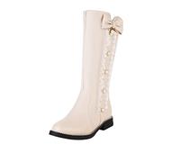 Ladies Cute Fashion Bow Solid Color Flat Round Toe Square Heel Middle Long Student Boots Plus Size Womens Boots Wide (Beige, 5.5)