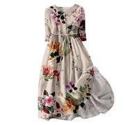 Ladies Cute Lapel Button Up Dresses Summer Prttern Printed Loose Fitted Dress Half Sleeve Button Up Ruffle A Line Flowy Midi Dress Floral Vacation Beach Dresses Scoop Neck Sun Dress Beige