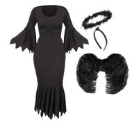 Ladies Dark Angel Costume - Small - Black Dress, Black Halo Headband and Feather Wings - Perfect for Halloween & Other Fancy Dress