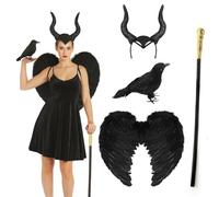 Ladies Dark Fairy Villain Costume Set - Black Dress, Horn Headband, Wings, Raven Prop & Staff - Halloween & Fancy Dress