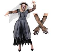 Ladies Dark Ghost Bride Costume - Small - Black Tattered Dress, Veil, and Black Spiderweb Gloves - Adults Womens Scary Halloween Trick or Treat Fancy Dress Costume