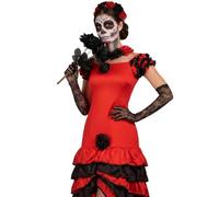 Ladies Day of the Dead Halloween Costume - Sugar Skull Senorita Fancy Dress - Red & Black Rumba Dress, Black Roses, Long Netted Gloves, Rose Veil & Face Paint for Women