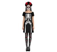 Ladies Day of the Dead Senorita Skeleton Costume - Adult Halloween Fancy Dress Outfit with Skeleton Dress, Face Tattoo, Tights & Rose Veil Headpiece