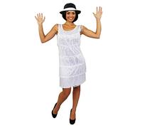 LADIES DELUXE 1920S WHITE FRINGED FLAPPER FANCY DRESS COSTUME + BLACK TRILBY HAT WITH WHITE BAND - LARGE - UK 14/16 / 55CM HAT