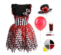 Ladies Deluxe Killer Clown Costume - Small - Clown Dress, Red Wig, White Gloves, Red Balloon, Facepaint, Fake Blood - Adults TV Film Halloween Fancy Dress