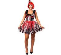 Ladies Deluxe Scary Evil Killer Clown Halloween Costume. Womens Halloween Harlequin Clown Fancy Dress Costume + Miniature Hat + Red Wig + Facepaint + Knife