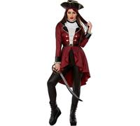 Smiffys Deluxe Swashbuckler Pirate Costume, Burgundy Jacket, Leggings, Neck Ruffle & Hat, Pirate Fancy Dress, Pirate Dress Up Costumes