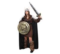 LADIES DELUXE VIKING FANCY DRESS COSTUME - BROWN TUNIC + CAPE + SILVER VIKING HELMET + SWORD AND SHIELD (LARGE)