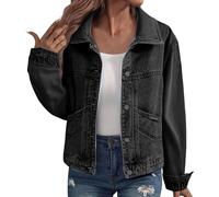 Ladies Denim Jackets, Long Sleeve Button Down Collared Stretchy Jean Jackets Casual Oversized Shacket Lightweight Distressed Denim Coats